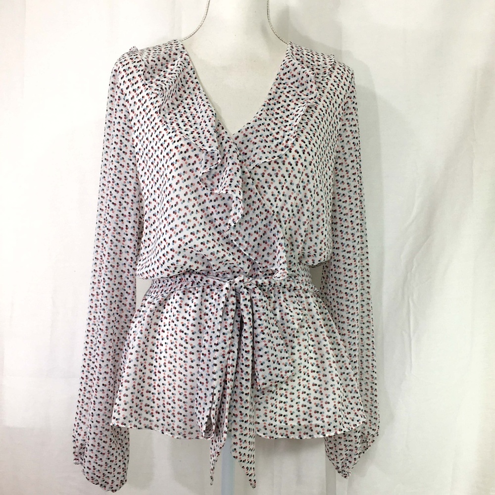 Max Studio blouse white pink blue dots lined (J893